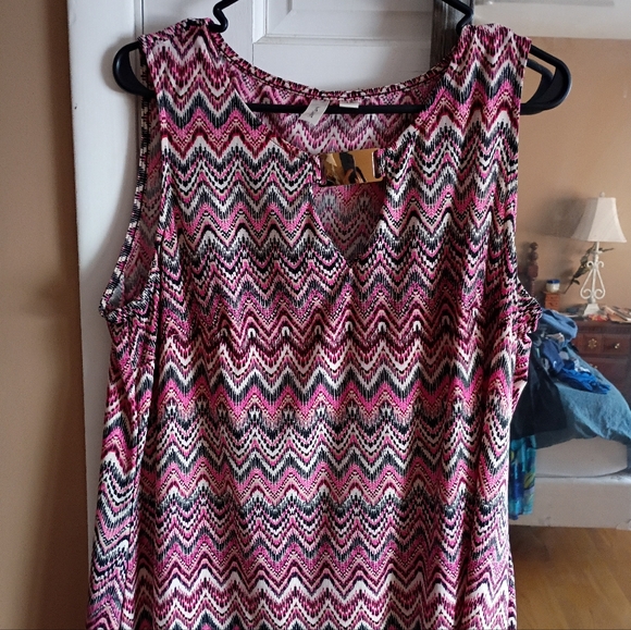 Tacera 1X Pink Black White Chevron Sleeveless Dress Keyhole Neck Metallic Accent - Picture 4 of 10